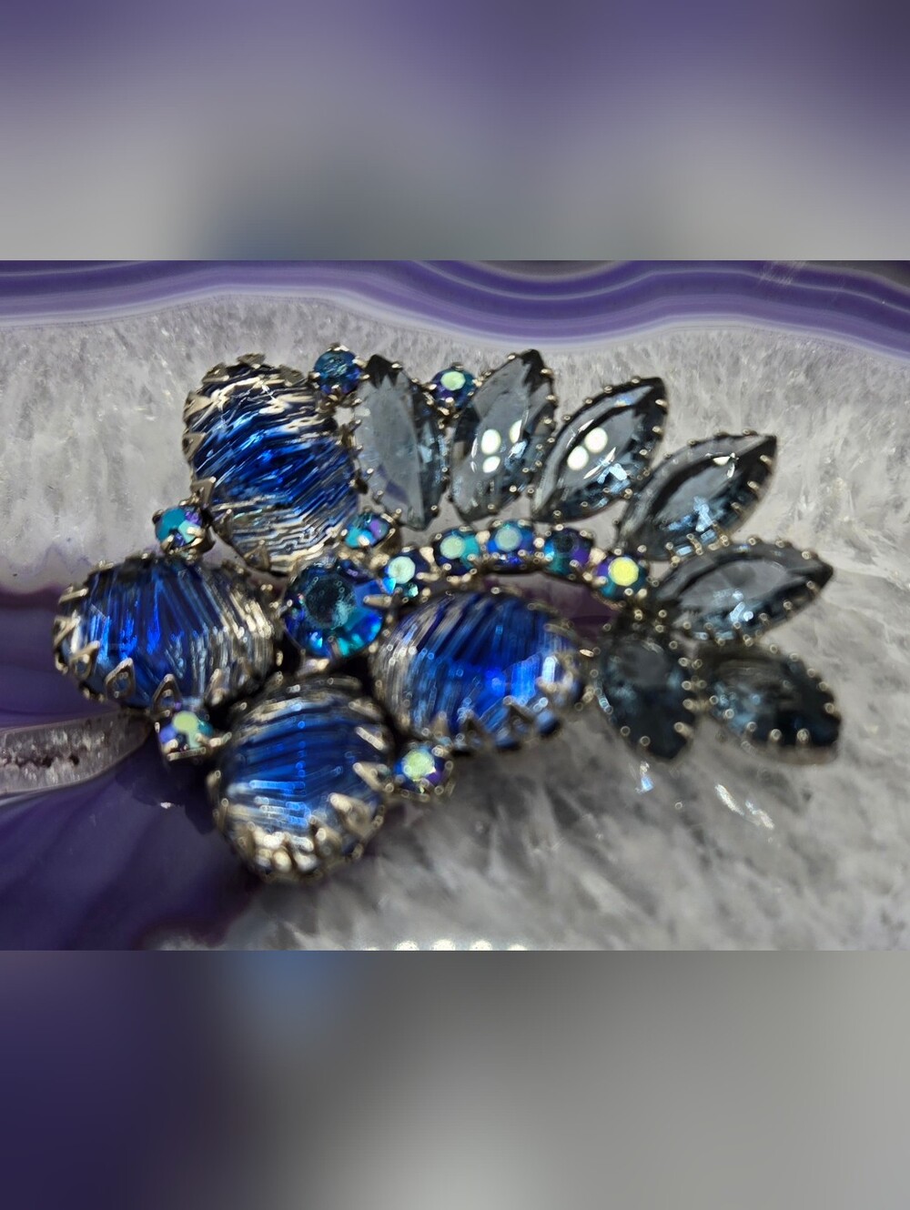 High End Blue Crystal Floral Brooch Prong & Fold Settings Molded Glass 2½" X 1¾"